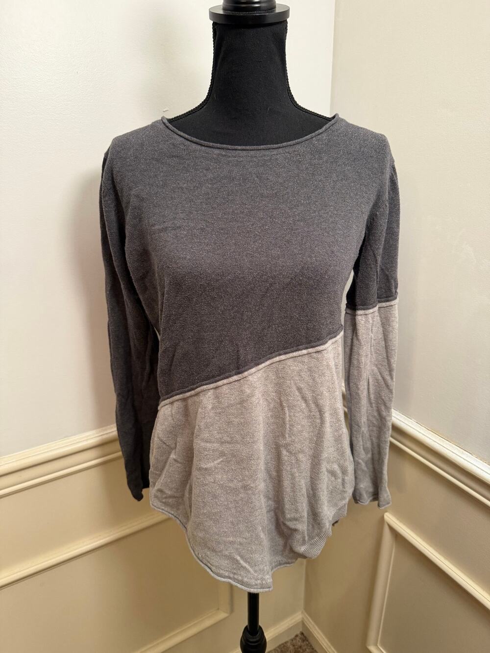 prAna Sondra Asymmetrical Colorblock Knit Sweater Top Gray Charcoal Cotton